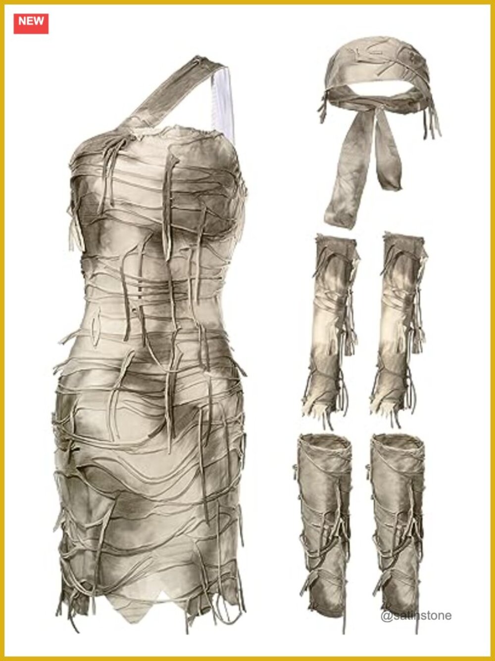 Women's Mummy Costume 6 Pc Bandaged Dress Headband Halloween Cosplay